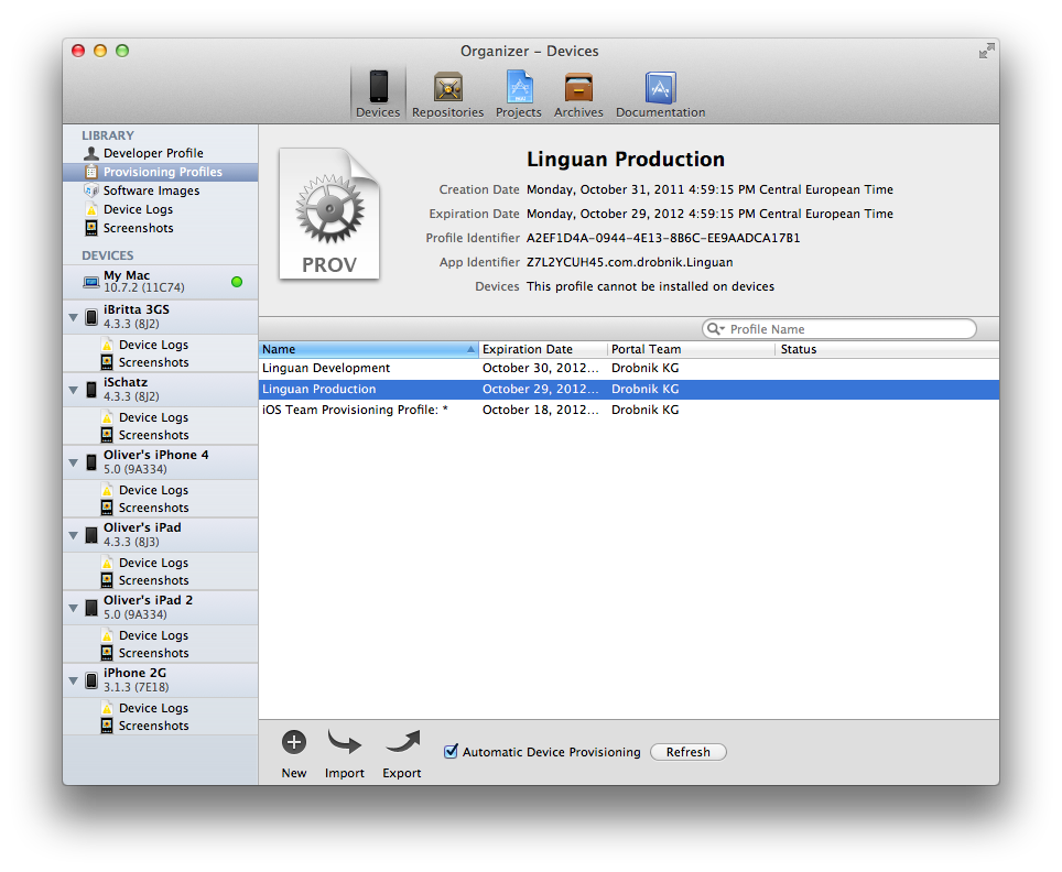 Mac provisioning profiles in Xcode organizer